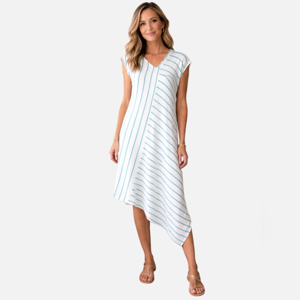 Tahari Linen Blend Asymmetrical Midi Dress White Green Stripe Medium Lagenlook